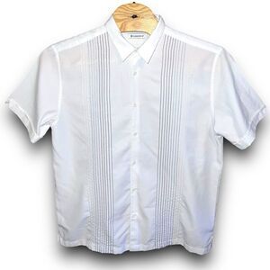 Cubaveral‎ XL White Striped Stitching Short Sleeve Button Up Cuban Hawaiian Shir